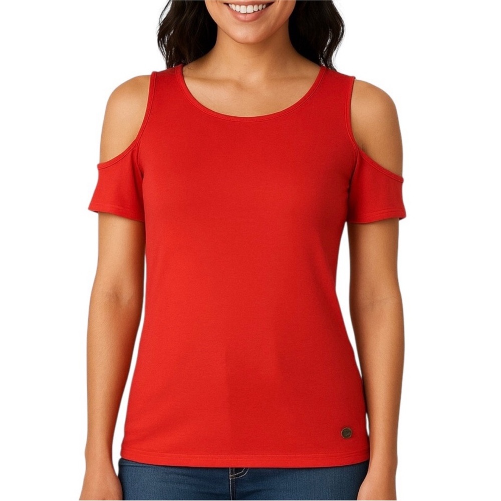 Michael Kors Women's Chili Red Coral Cold Shoulder Short Sleeve Top with Stretch